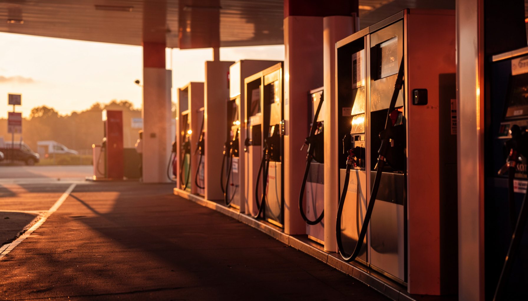 A row of modern fuel pumps at a gas station, warm sunset light reflecting off the metal surfaces.