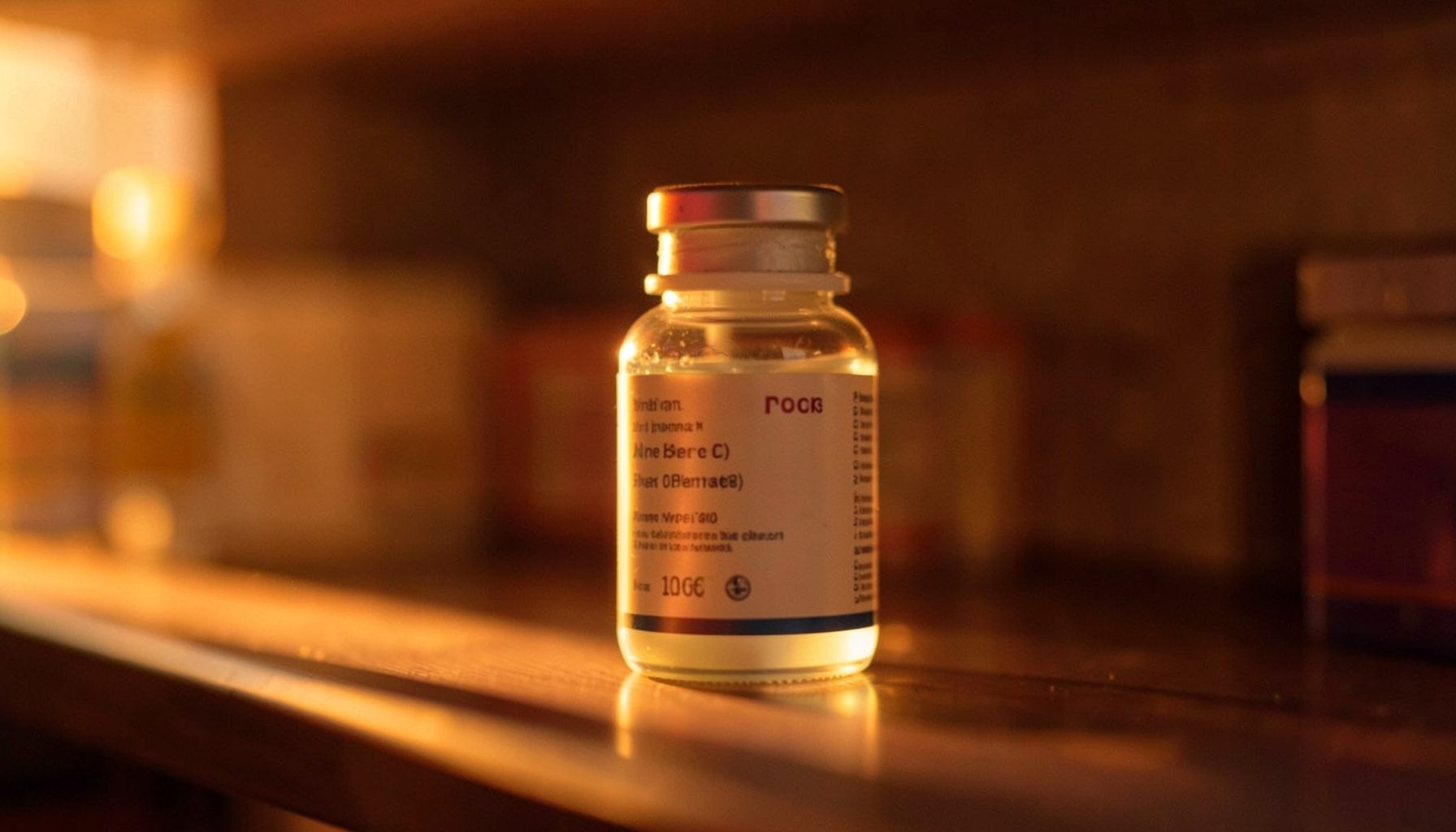 A close-up of a pharmaceutical product on a shelf, warm amber tones, soft focus background.