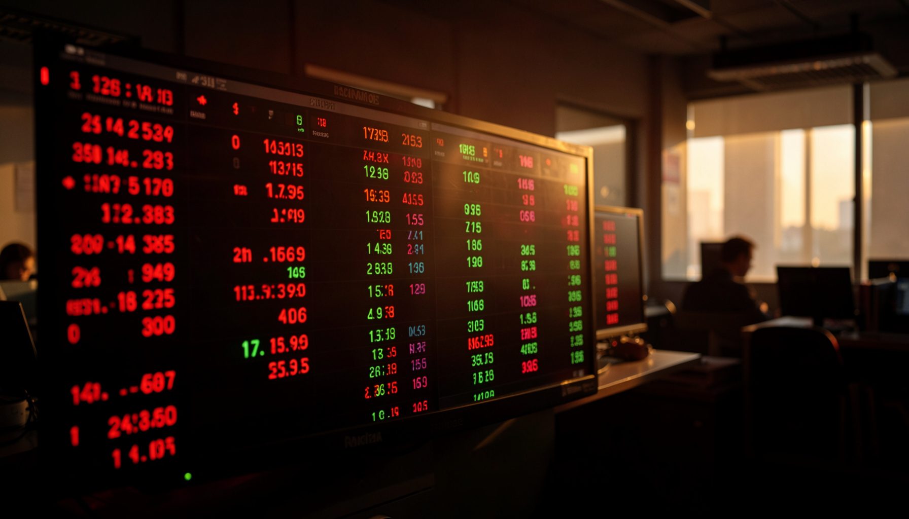 A wide photograph of a stock market trading board with glowing red and green numbers, captured in warm golden-hour light against a dark office interior.