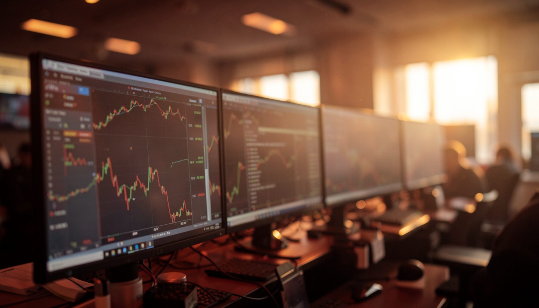 A trading floor with monitors displaying financial data, warm indoor lighting, blurred background.