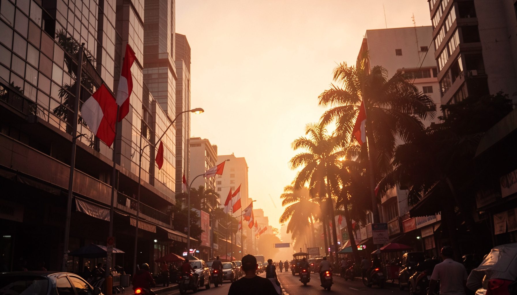 Warm golden-hour photograph of a bustling Indonesian city street with modern buildings, fluttering red-and-white flags, and palm trees silhouetted against a glowing sky.