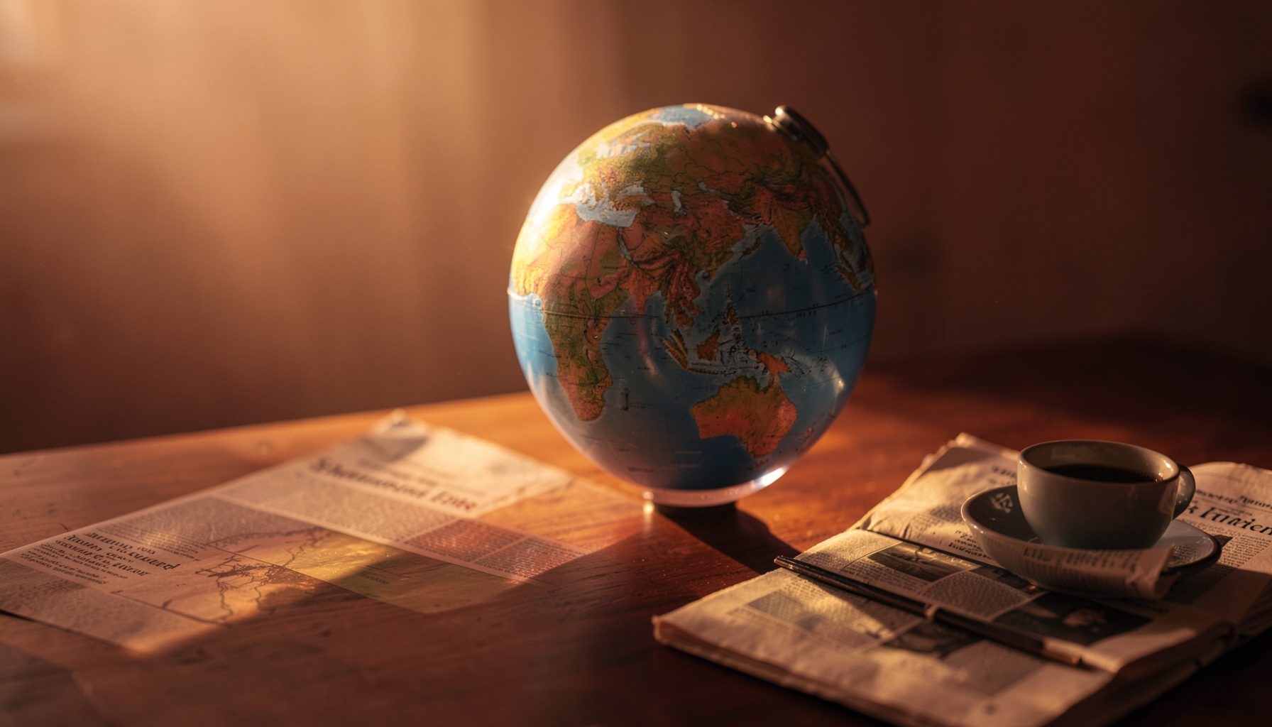 A wide photograph of a globe on a wooden desk beside a newspaper and a coffee cup, bathed in warm golden-hour light with soft shadows across the scene.