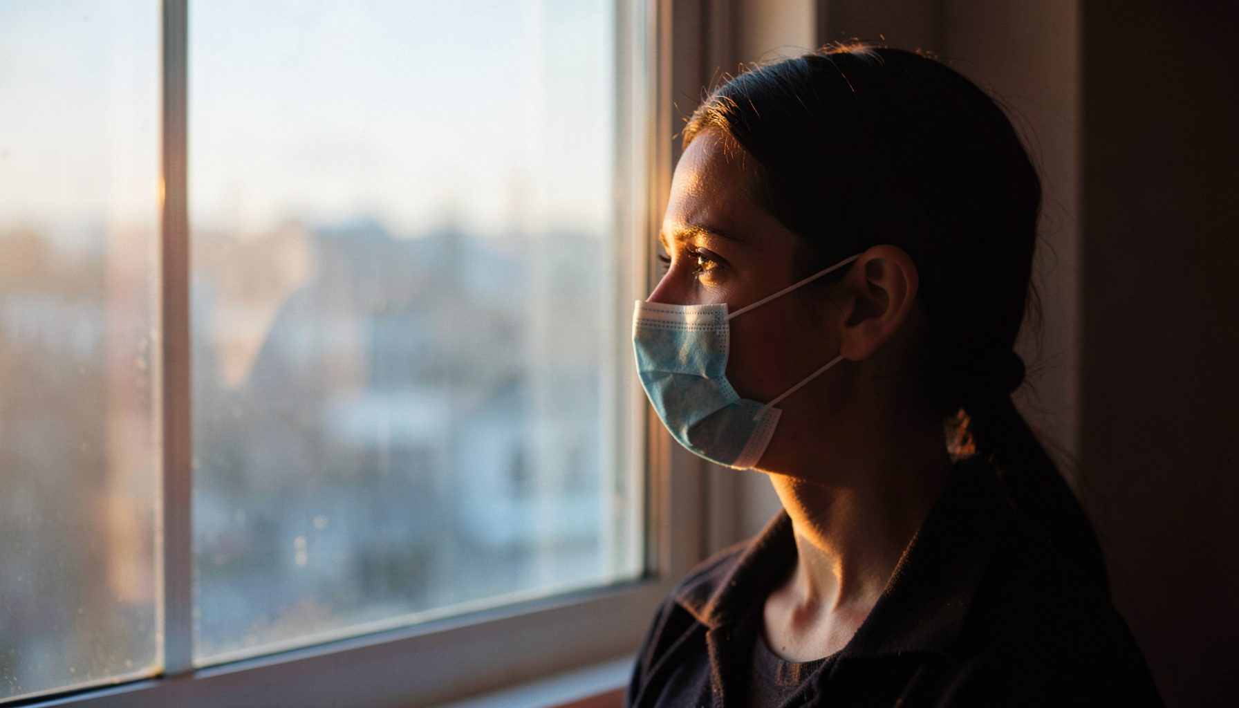 A person wearing a face mask looking out a window in soft morning light, with muted blue and white tones.