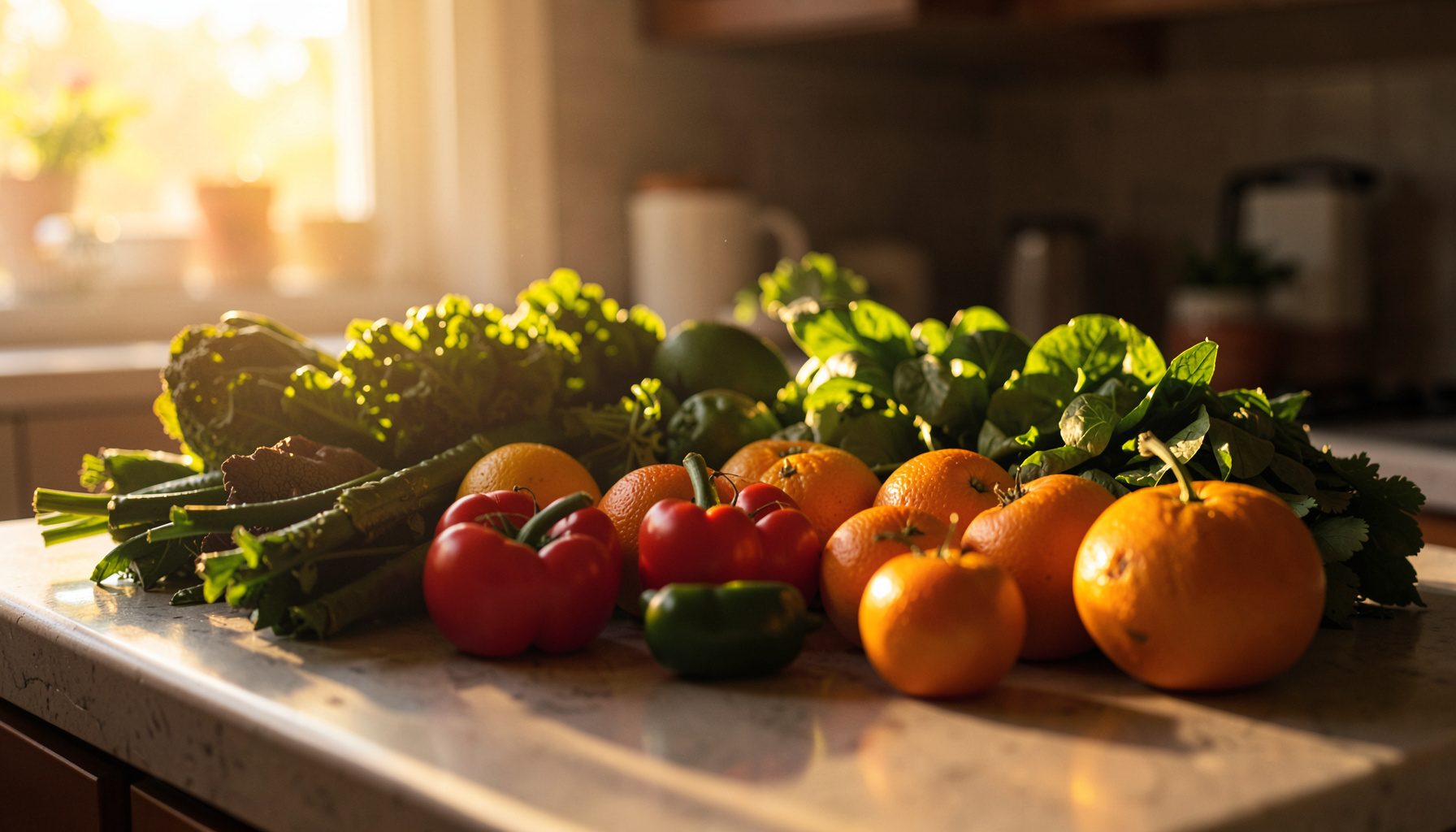 Fresh vegetables and fruits arranged on a kitchen counter in warm natural light, rich greens and oranges.