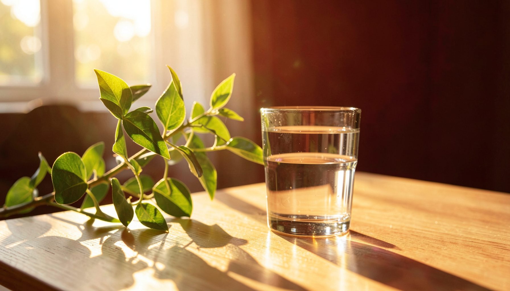 Soft green leaves and a glass of water on a light wooden table, bathed in warm golden-hour sunlight streaming through a window, conveying calm and wellness.