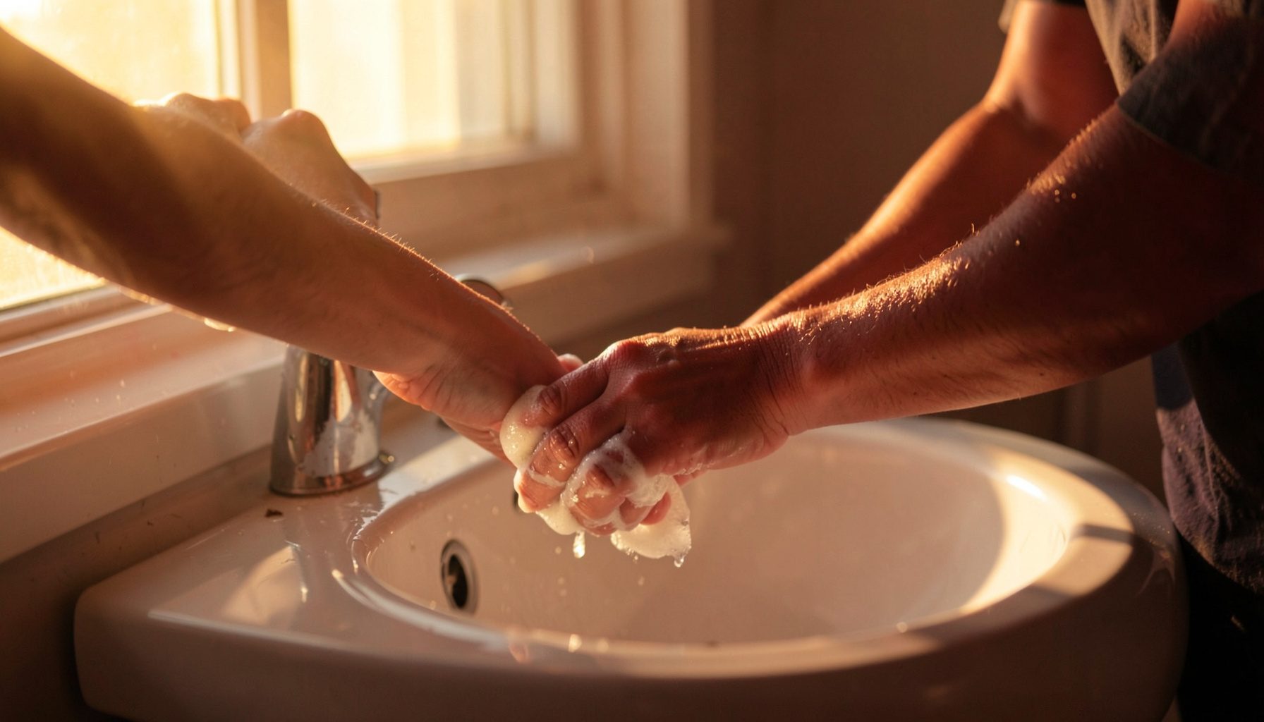 A person washing hands at a white sink with soap, warm golden light from a nearby window.