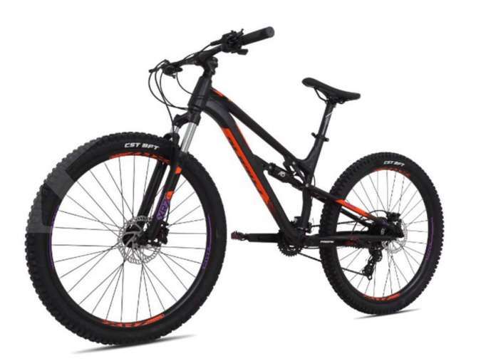 Black mountain bike with orange and purple accents shown on plain white background